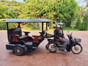 Our tuk-tuk waiting in front of the hotel to take us on our Angkor Wat travel with a toddler.